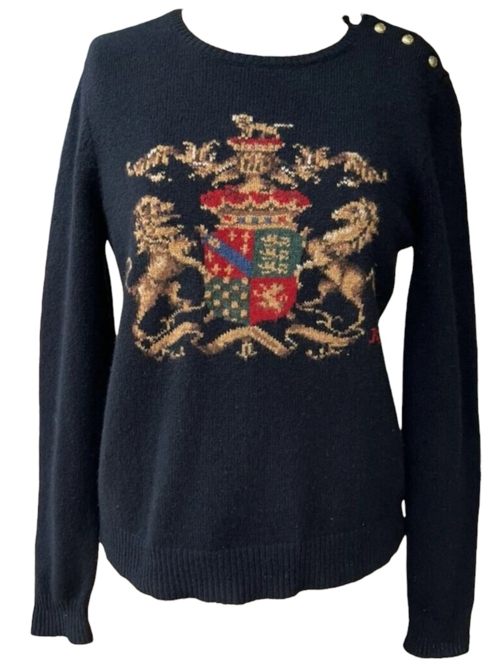 Vintage Rare Ralph Lauren Brown & Gold Crest Coat of Arms Lambswool Sweater